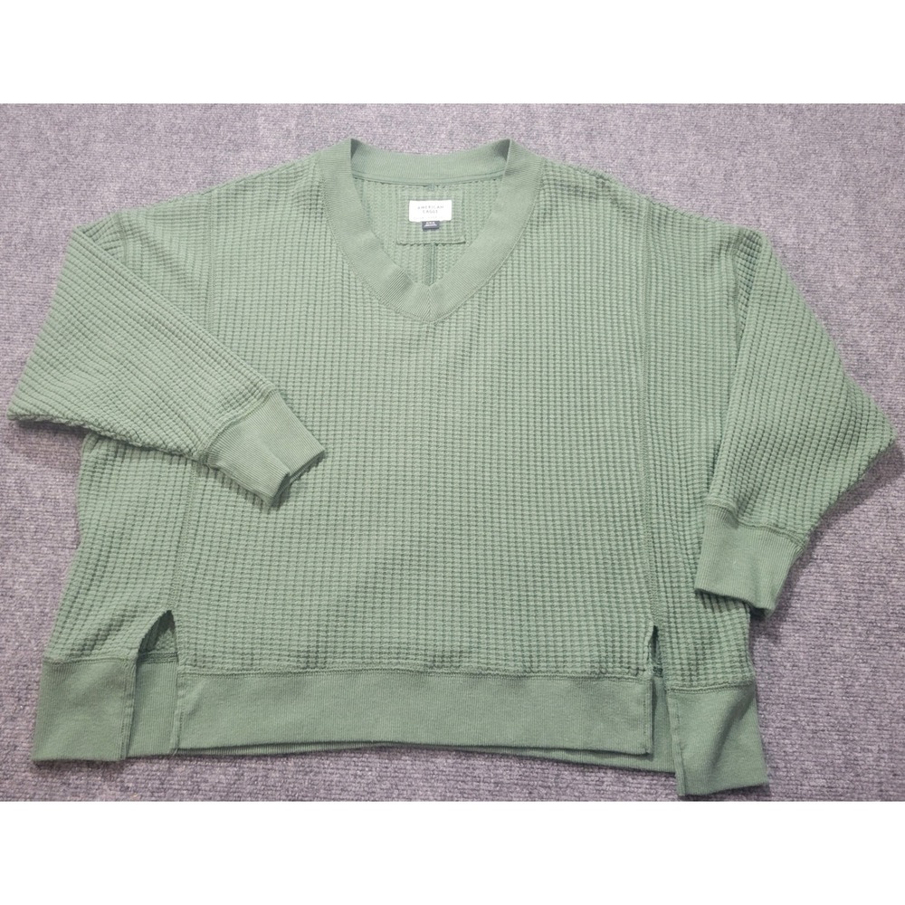 American Eagle Womens Sage Green Waffle Knit Thermal V-Neck Oversized Top Medium